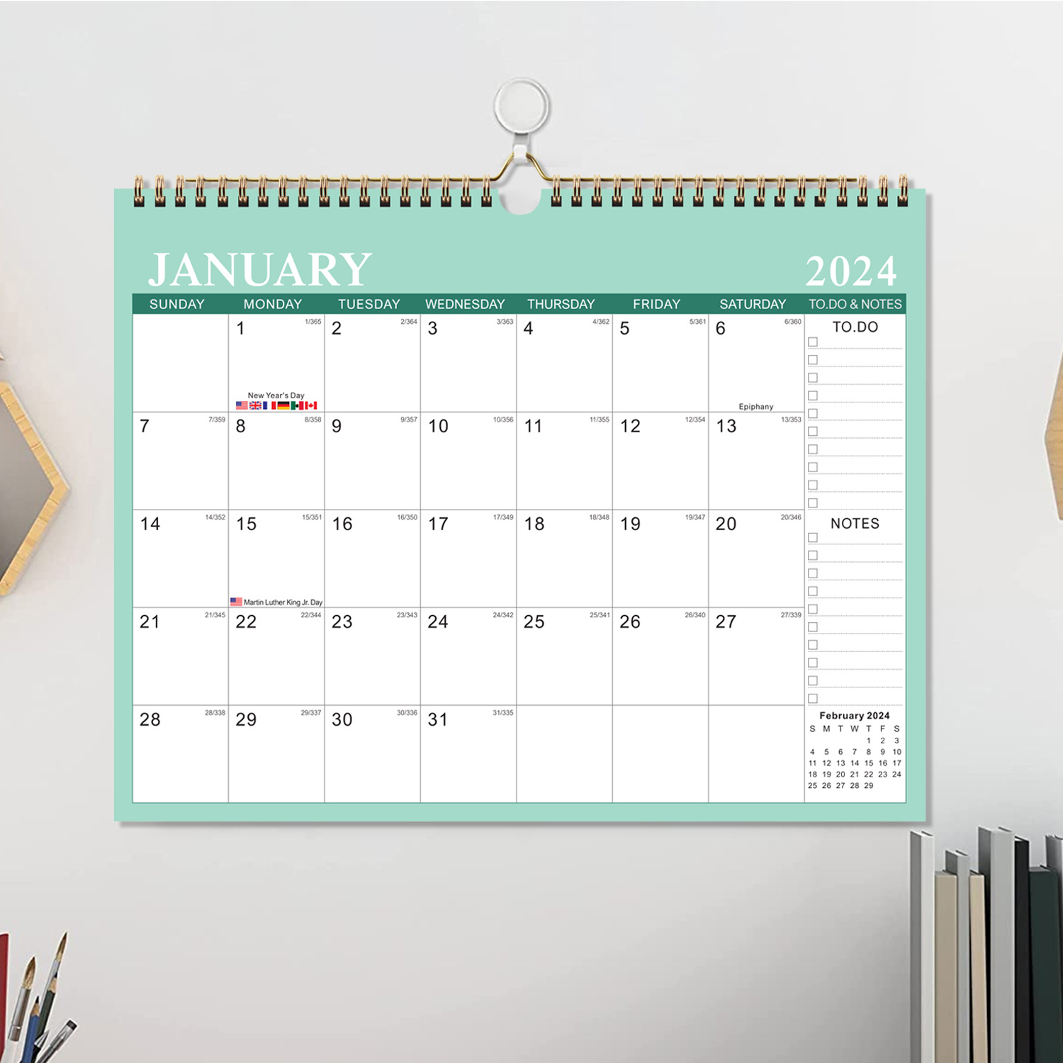 Manufacturer's 2023-24 English Calendar Simple and Creative Desktop Calendar 18-Month Multi-Country Holiday Wall Calendar