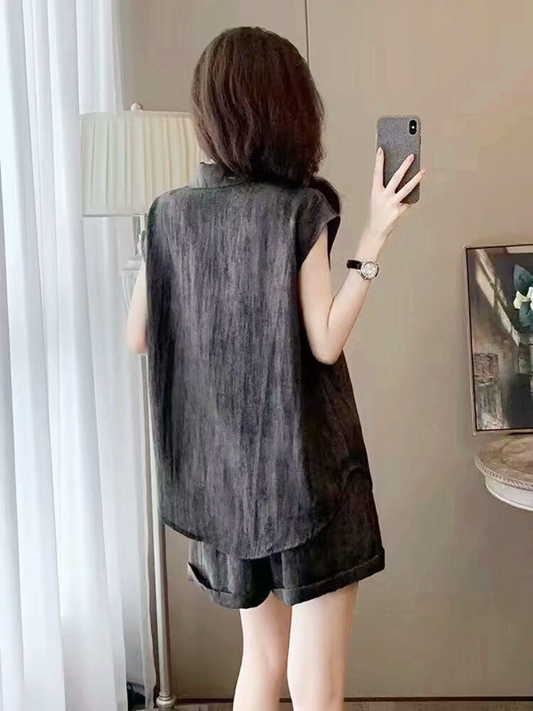女装时尚套装夏季气质显瘦轻熟薄款设计感纯色短袖短裤两件套|undefined