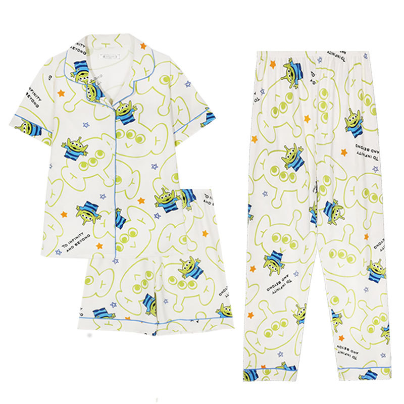 Pijamas de verano de tres piezas para mujer, conjunto de descanso de algodón puro de tres piezas con manga corta, cárdigan nuevo de 2025 para primavera, otoño y verano.