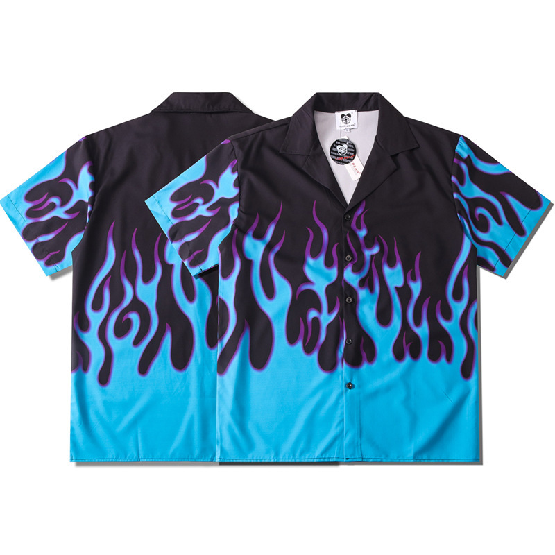A generation of casual young men and women couples loose tide brand spring and summer flame digital printing lapel short sleeve shirt A generation of casual young men and women couples loose tide brand spring and summer flame digital printing lapel short sleeve shirt