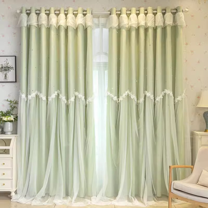 French-Style Curtains for Bedroom, Ins-Style Double-Layer Princess-Style Fabric and Sheer Integrated Blackout Curtains for Living Room Bay Windows, Factory Wholesale