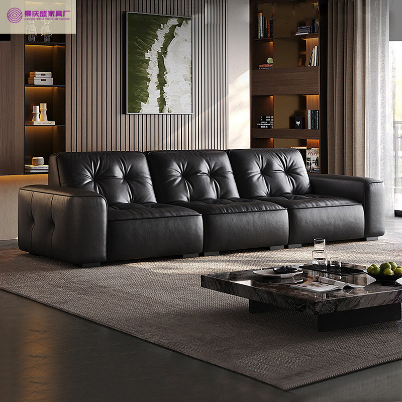2026 New Model Genuine Leather Sofa, Italian-Style Minimalist Living Room Sofa, Top-Grain Black Cowhide
