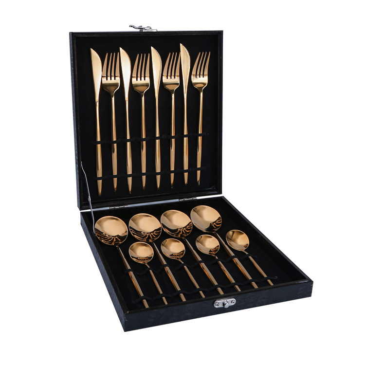 Productos calientes de Amazon vajilla de acero inoxidable conjunto de 16 piezas de Portugal cuatro piezas principales cuchillo, tenedor y cuchara caja de regalo transfronteriza traje