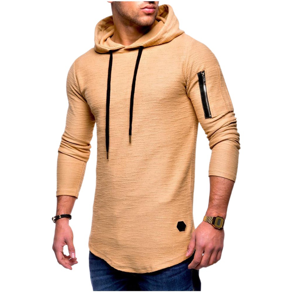 Men's Solid Color Round Neck Hooded Long-Sleeved T-Shirt with Zipper on the Arm and European and American Style Long T-Shirt