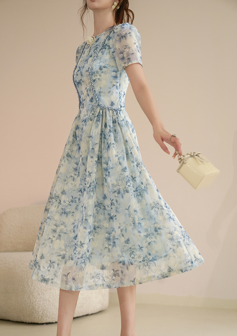 Đầm maxi nữ thắt eo cổ tròn đính kim cương giả họa tiết in phong cách Pháp — màu xanh chi tiết 7