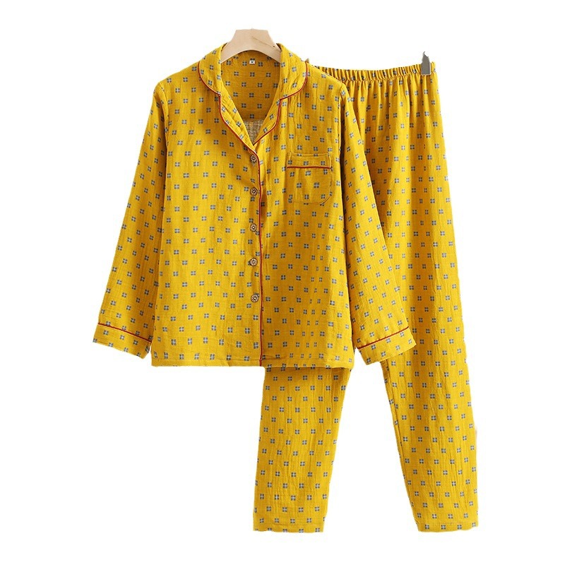 Nuevo algodón puro de doble capa de hilo pijamas ropa para el hogar pantalones de manga larga de las mujeres algodón jacquard transpirable suave ropa para el hogar traje