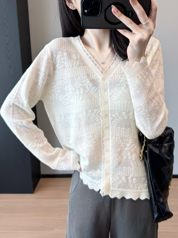 So Beautiful! Embossed Jacquard Elegant Lady Style Organza Wool Knitted Cardigan for Women Autumn G091307