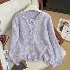 秋冬の新型の柔らかいモチモチの快適なハスの葉の縁のセーターのカーディガンの女性の名媛の外はゆったりとしていてやせています。