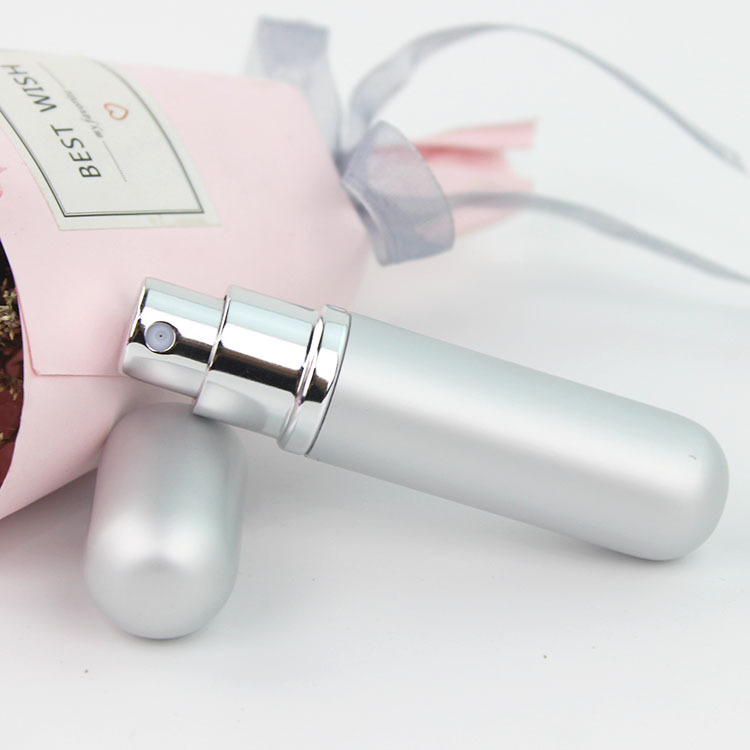 Botella de decantación de perfume de 5 ml con cabezal redondo, mini botella portátil de aluminio y vidrio para muestras de cosméticos.