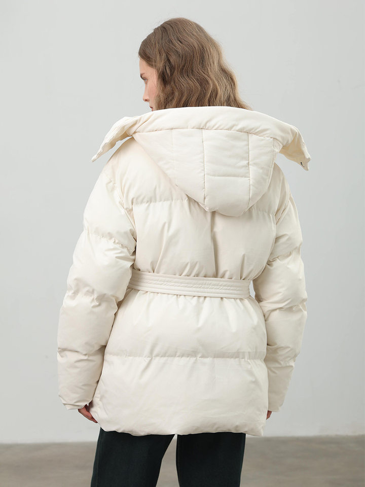 Áo khoác bông nữ có mũ, khóa kéo, thắt eo dáng ôm, dài trung bình, chất liệu polyester dày — màu nâu, màu đen, quả mơ chi tiết 59