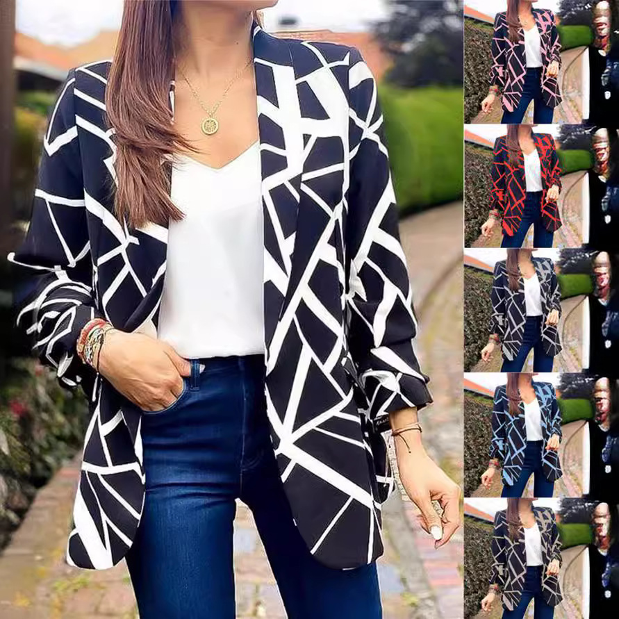 Saco Blazer Estampado Sin Botones de Poliéster Entallado Manga Larga para Mujer
