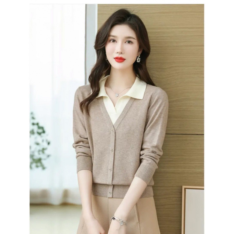 Falsas dos piezas de polo de cuello jersey suéter de mujer otoño y invierno nuevo color de alto grado caliente coreano corto top