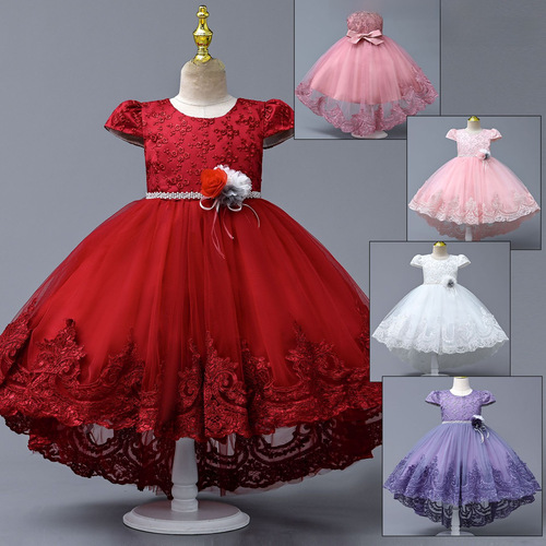 Girls' summer dress, cross-border children's clothing wholesale, little girl wedding dress, runway princess dress with train, children's skirt for girls