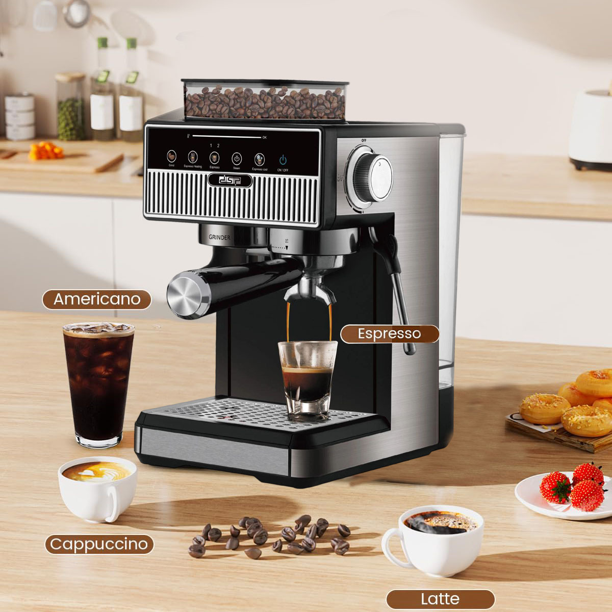 Cross-Border European Coffee Machine with Grinder, Fully Automatic All-In-One Machine, Espresso Machine, Milk Foaming, Hot and Cold Extraction