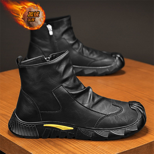 Men's Fall Retro British Leisure Mid-Top Leather Shoes Black Motorcycle Side Zip High-Top Work Boots