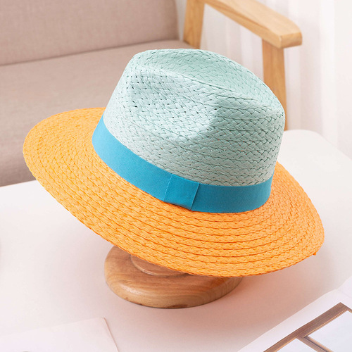 New fashionable and simple spring and summer sun protection raffia flat top hat for women travel beach flat top straw hat