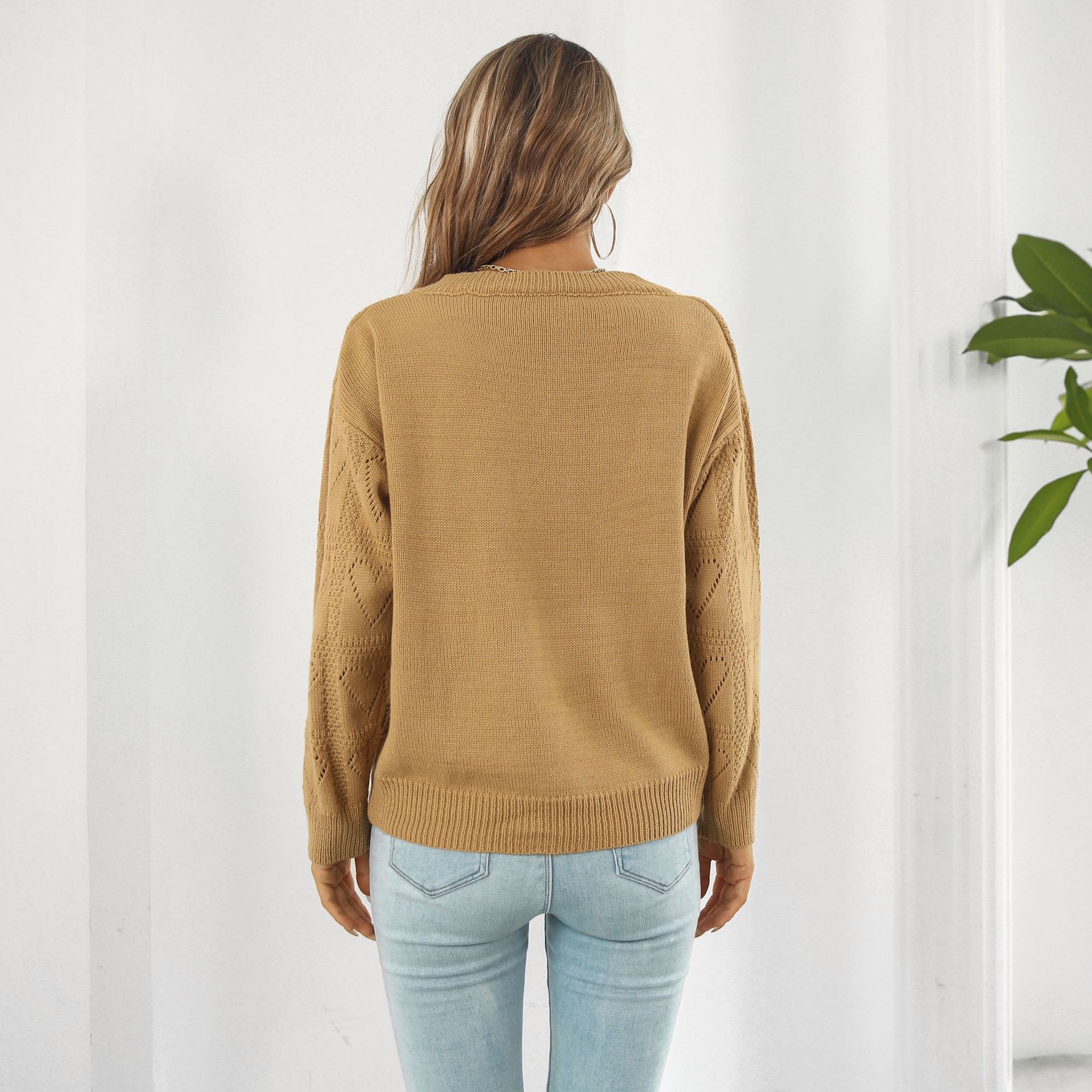 Hollow Out Cutout out Heart Plaid Sweater Women Loose Autumn Winter Long Sleeved Sweater Sweater