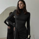 European and American Autumn 2024 New Autumn High Collar Long Sleeve Fashion Stitching Strap Knot Slim Fit Hip dress Women