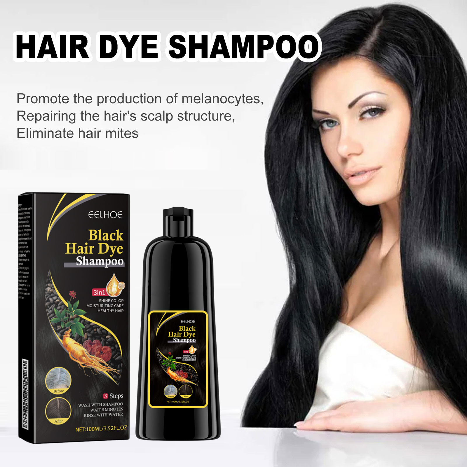 EELHOE shampoo para cabello negro, esencia de polvo
