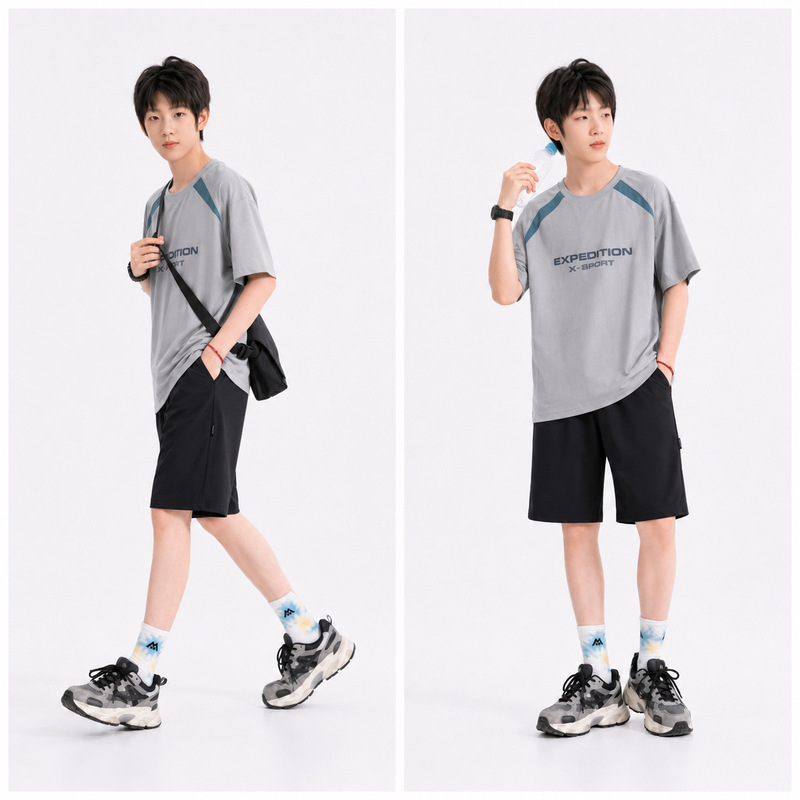 Boys' Summer Thin Quick-Dry Short-Sleeve T-Shirt with Four-Way Stretch and Color-Blocking, Casual Sports Top for Teenagers
