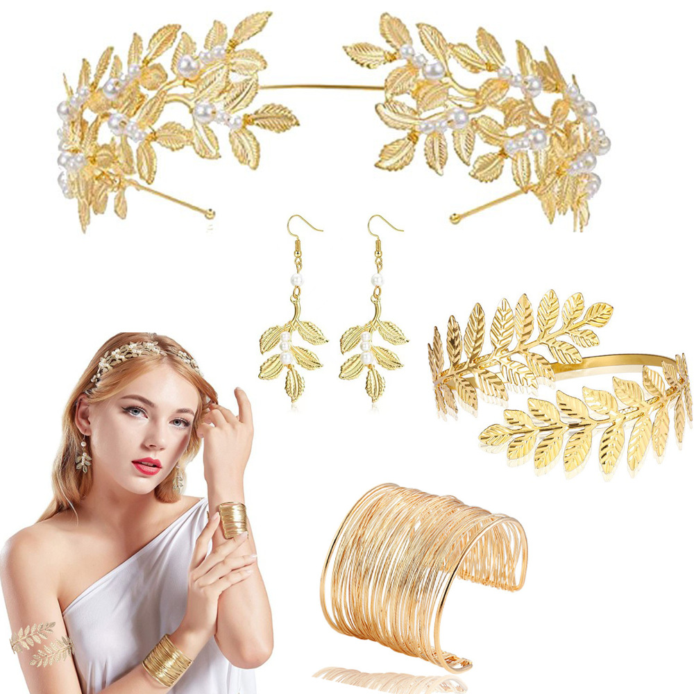 Cross border European and American Bride Leaf Hair Hoops Baroque Gold Leaf Headwear Bracelets Earrings Arm Rings Earrings Wedding