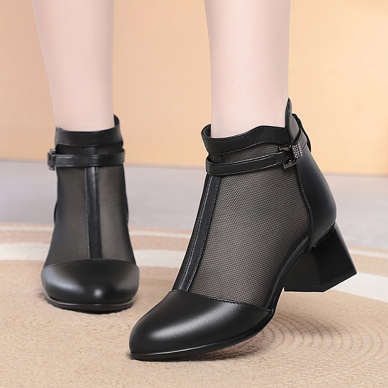 Boot nữ cổ thấp da lộn lưới gót vuông 6 cm — Xám gạo