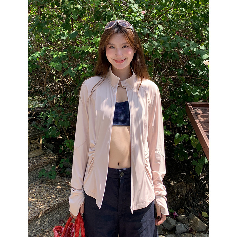 Nantao Pleated Waist-Slimming Stand Collar Sun Protection Jacket for Women, New Style, Slim Fit, Ice Silk, Cool, Breathable, UV Protection