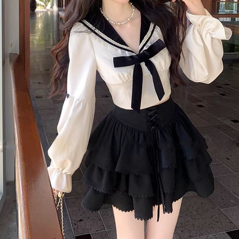 甜美学院风套装女jk制服长袖衬衫海军领设计感蝴蝶结短款两件套女|undefined