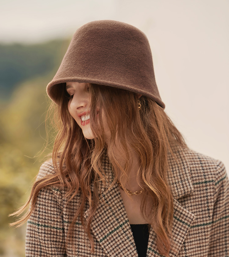 Foreign Trade Cross-border New Arrival Wool Warm Ear Protection Soft Bucket Hat Simple And Elegant Temperament Solid Color New Bucket Hat display picture 1