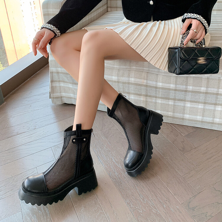 Boot nữ cổ cao đế dày gót bánh xốp da bò lưới thoáng khí xuân hè 2024 — Màu đen, Màu trắng be chi tiết 88