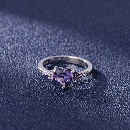 Amazon best selling diamond zircon heart-shaped amethyst ring for women European and American style fashion purple diamond zircon ring jewelry