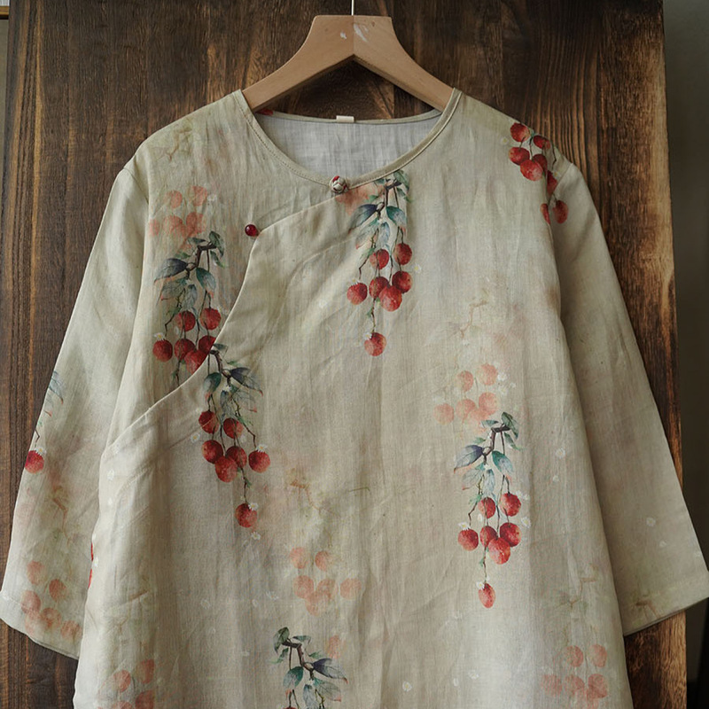 Summer New New Chinese Ramie Digital Printing Round Neck Slant Placket Full Side Open One Button Shirt 085009