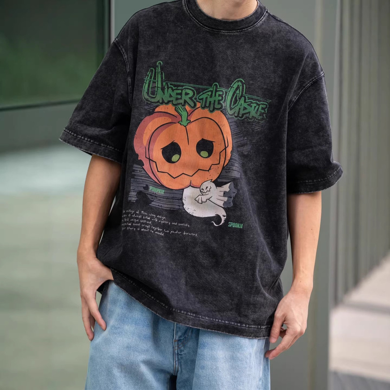 Team Wang Jackson Wang's Same Style Halloween-Themed Washed Pumpkin Print Short-Sleeve T-Shirt, Unisex