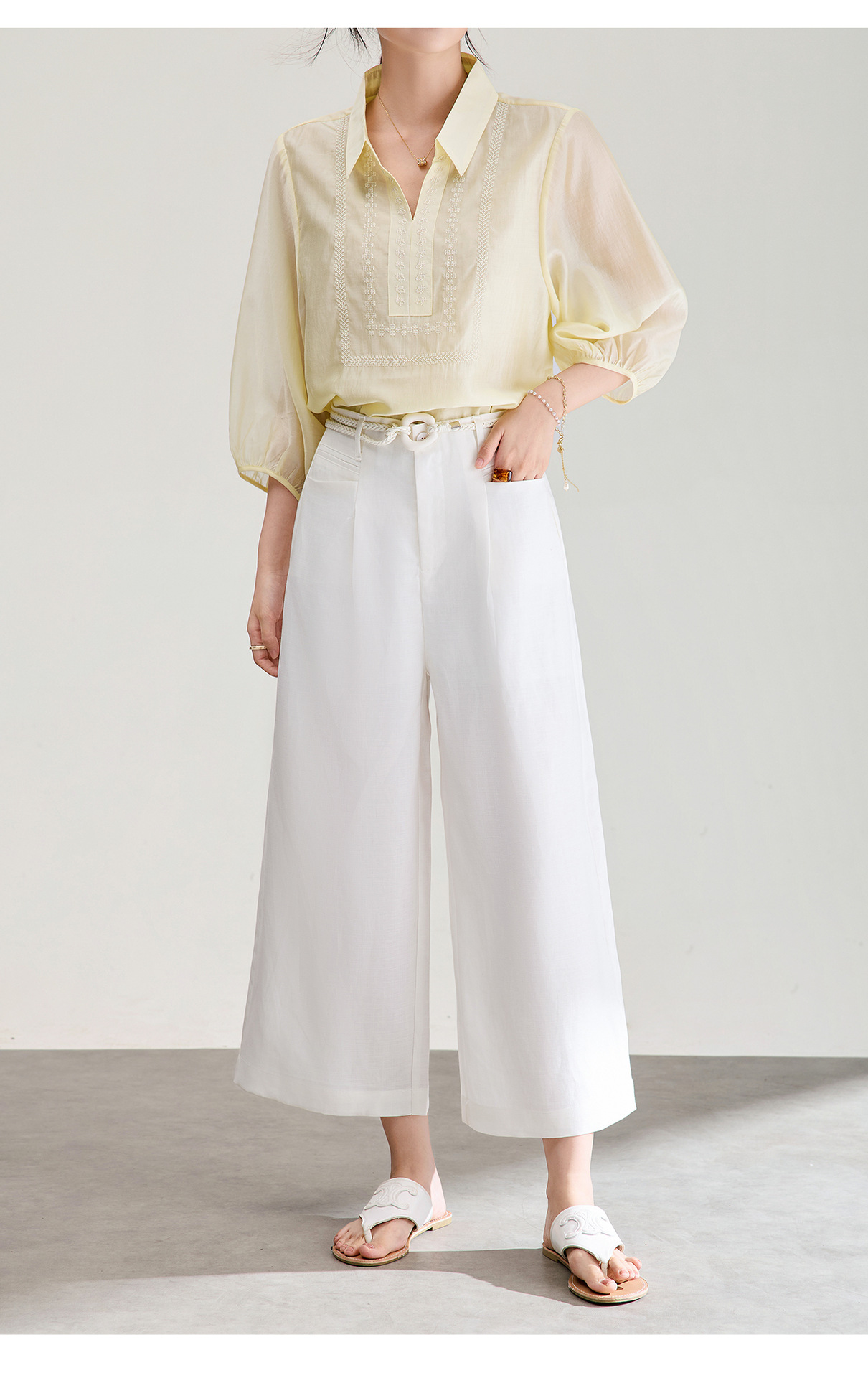 Quần culottes nữ ống rộng chất liệu linen phối sợi tencel, cạp cao dáng suông, mặc mùa hè thoáng mát — Xanh lông mòng đen chi tiết 22