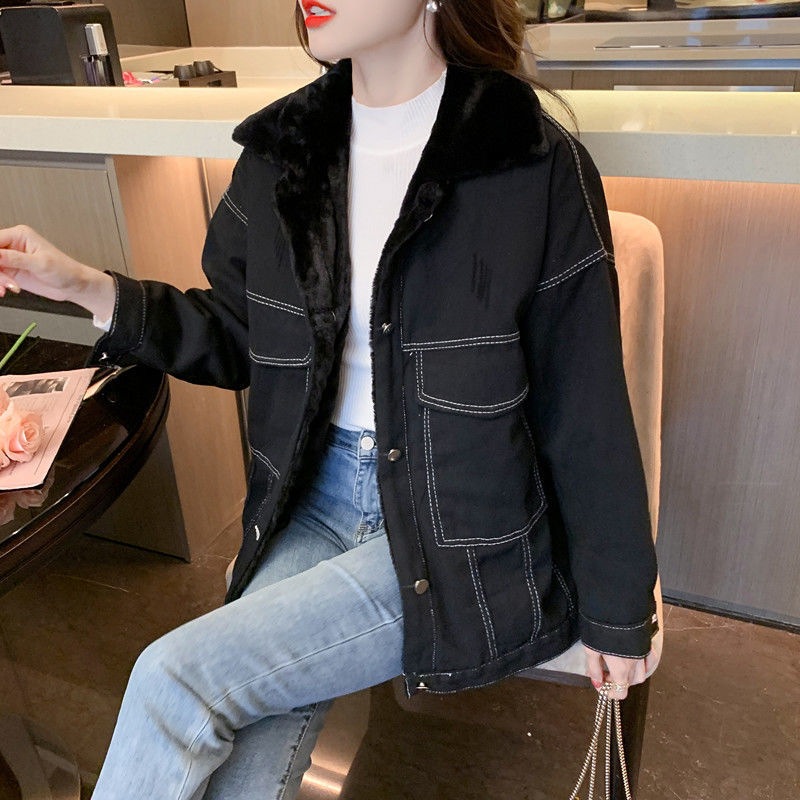 630g Weight Long Sleeve Sleeve Length Single Breasted Placket Type Regular Sleeve Sleeve Type Polyester Fabric Type Ordinary Model (50cm <Length ≤ 65cm) Top Length Coat Tops Type Shirt Collar Neckline Loose Fit Type Solid Color Pattern Women's Gender Temperament Commuter, Urban Style Style Lamb Fur Lined Thickened Denim Jacket Women's Autumn Winter Loose Versatile Short Style Fleece Inner Cotton Coat For Students 12