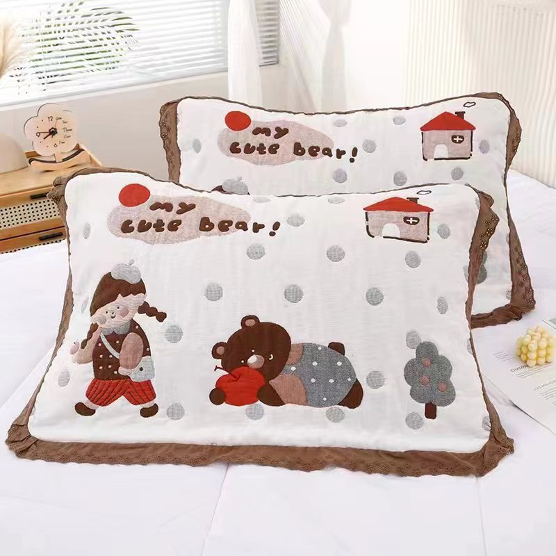 Factory Wholesale Cartoon Gauze Pillowcase Thickened Cotton Lovely Ruffles Sweat Absorbent Pillowcase Home Student Pillowcase 