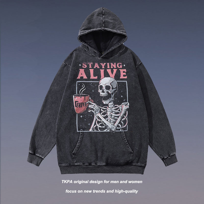 TKPA punk skull print heavy distressed hooded sweater American high street vintage washed hoodie for men and women