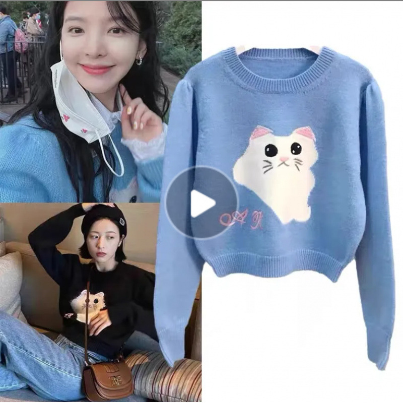 Zhou Yutong Zhang Ruonan Star Lazy Knitted Shirt Loose Cute Cat Embroidered Pullover Sweater Design Sense