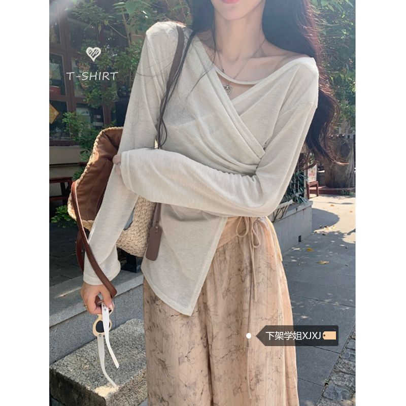 V Neck Asymmetrical Cross Long-Sleeved T-Shirt for Women 2025 Spring & Fall Fashion New Style Apricot Slim Sun Protection Top Trendy