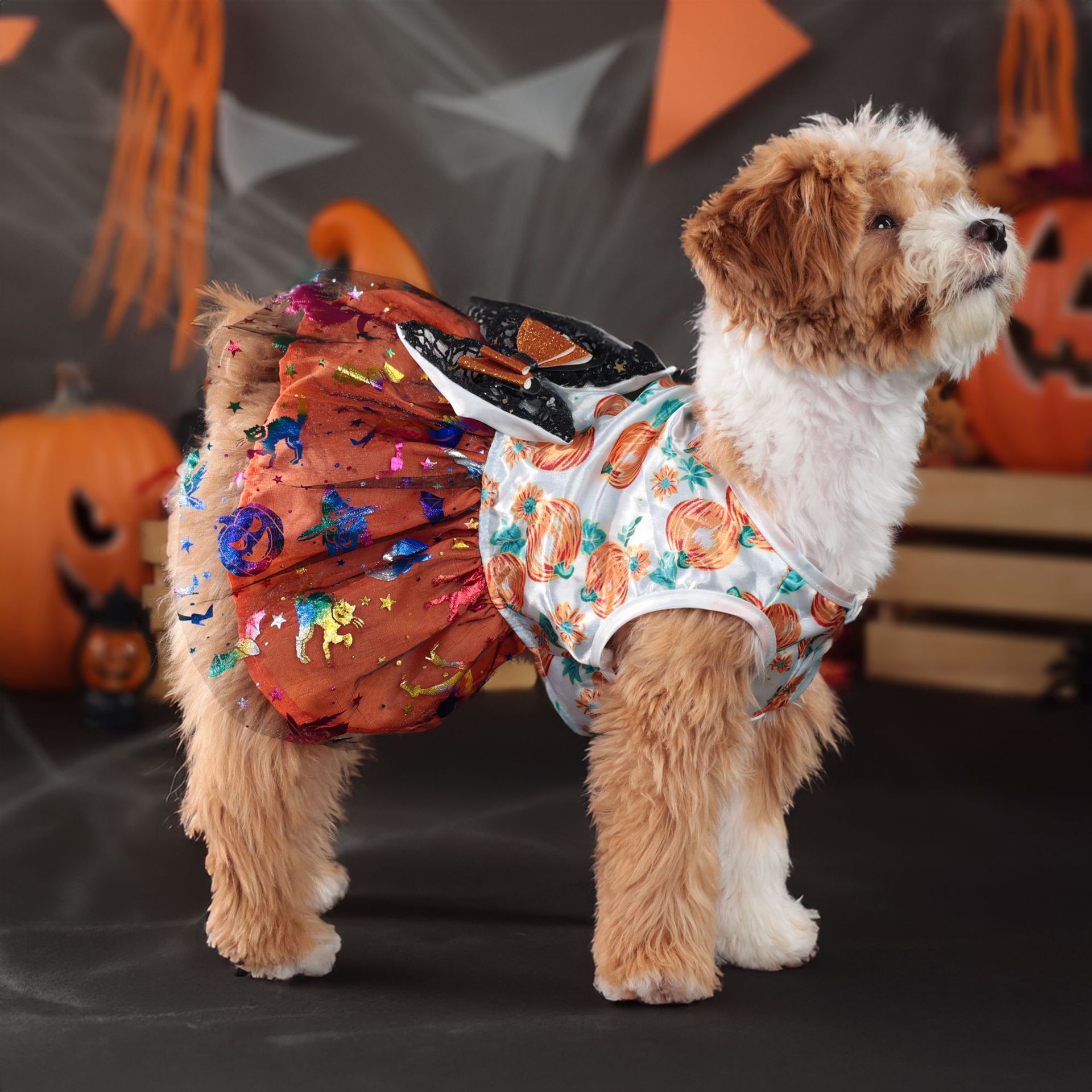 Halloween transfronterizo de alta calidad tela de malla arco vestido de mascota ropa de perro pequeño ambiente de vacaciones tela de malla de perro
