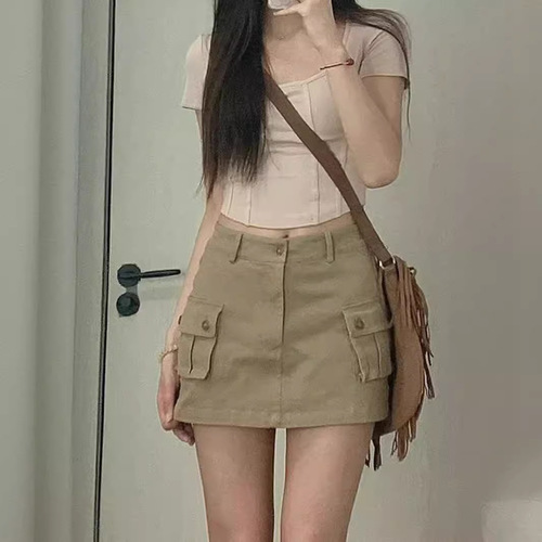Women's Workwear Half-Skirt 2024 Summer New Fashion High-Waist Khaki Color Slimming Hot Girl A-Line Skirt Bustier Short Skirt