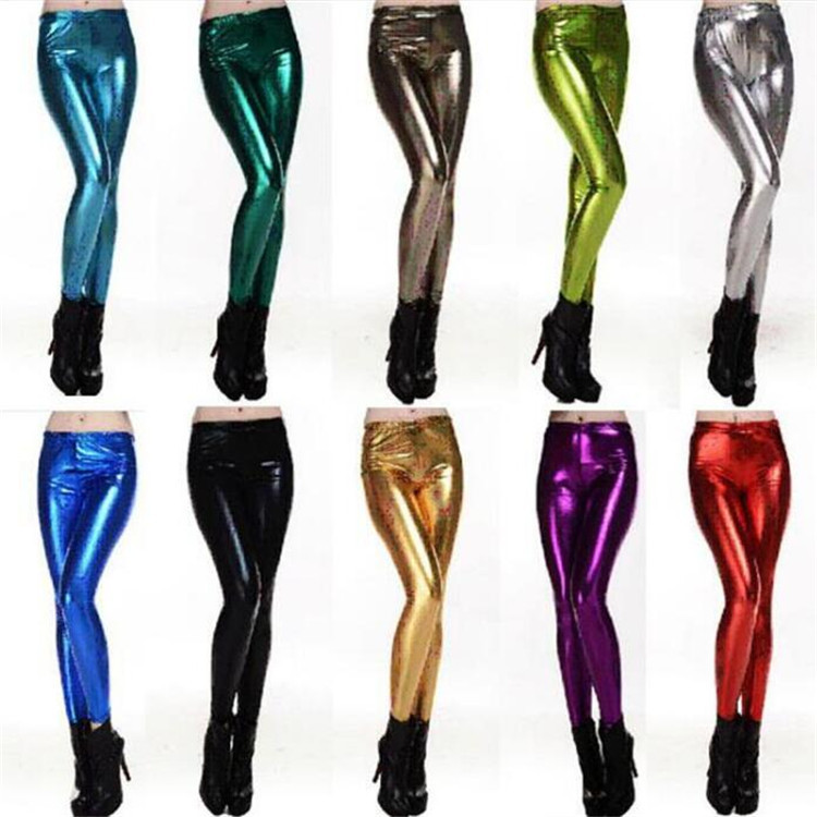 European and American fashion shiny metal tight elastic imitation patent leather leggings bright waist pants manufacturers supply