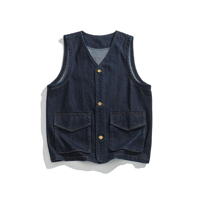 American Style Retro Multi-Pocket Tooling Denim Vest Men's Spring and Autumn Thick Casual Sleeveless Stacked Vest Top Jacket