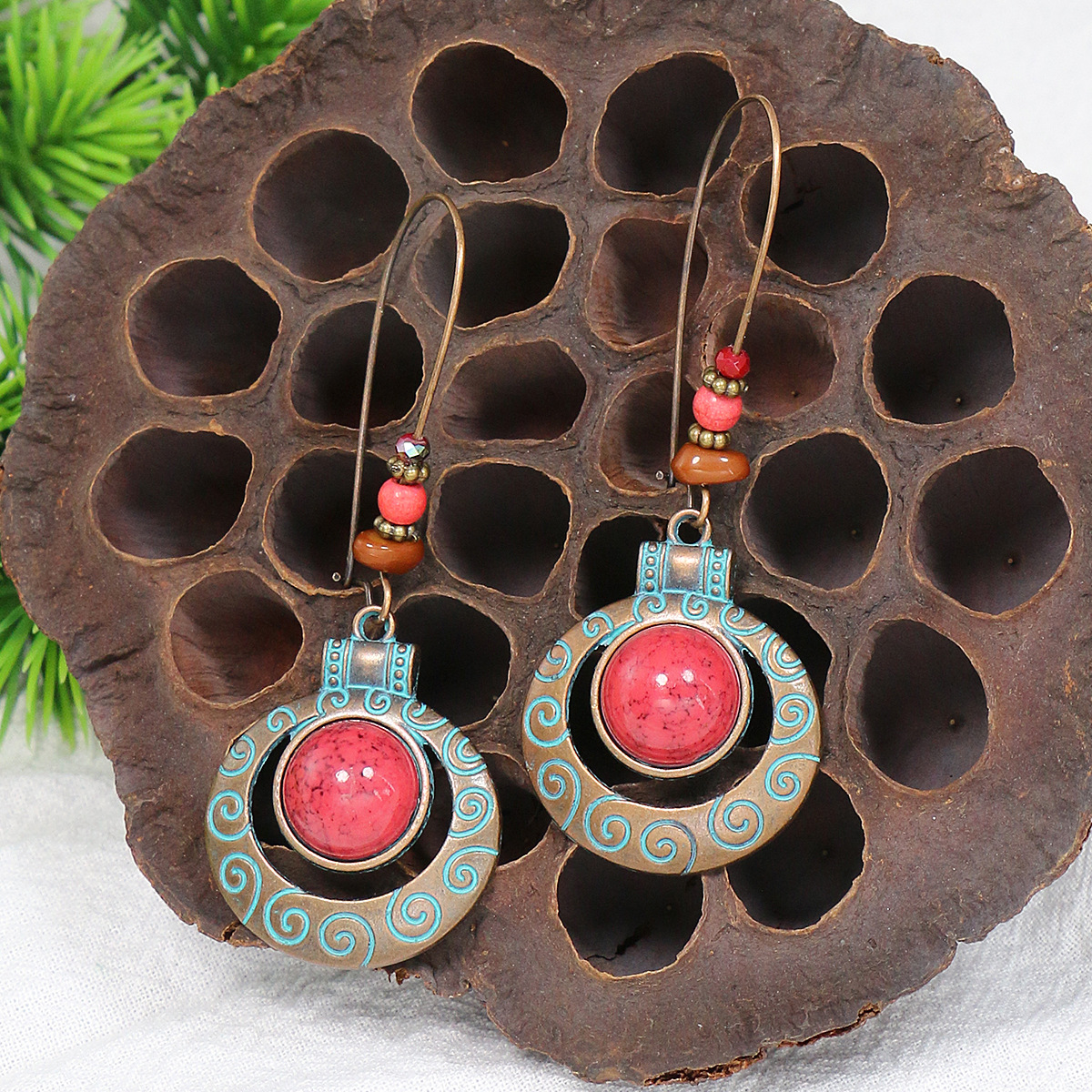 Ancient Bronze Alloy Carved Bohemian Retro Element Earrings