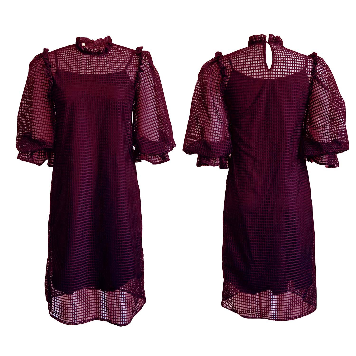 Hollow Out Puff Sleeve Two Piece Dress Solid Color Elegant Design Trendy Style Perfect for Autumn Events Wholesale