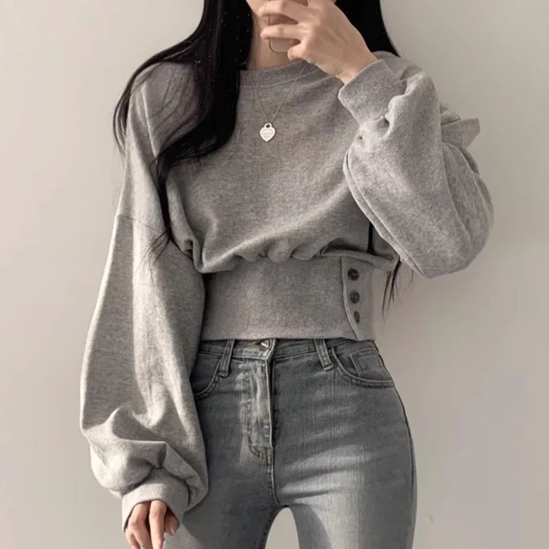 韩国秋季小众设计感圆领收腰上衣显瘦长袖短款套头纯色卫衣女|undefined