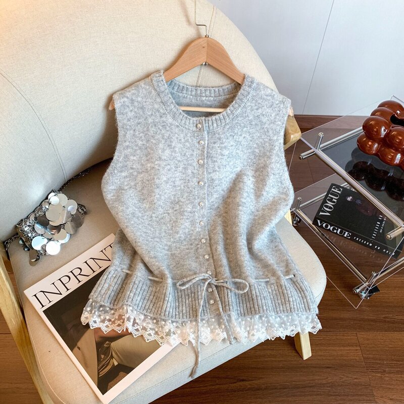 Lace Soft and Supple Tie-Waist Knitted Cardigan Vest for Women, Spring and Autumn Style, High-End Single-Breasted Sleeveless Top Lace Soft and Supple Tie-Waist Knitted Cardigan Vest for Women, Spring and Autumn Style, High-End Single-Breasted Sleeveless Top