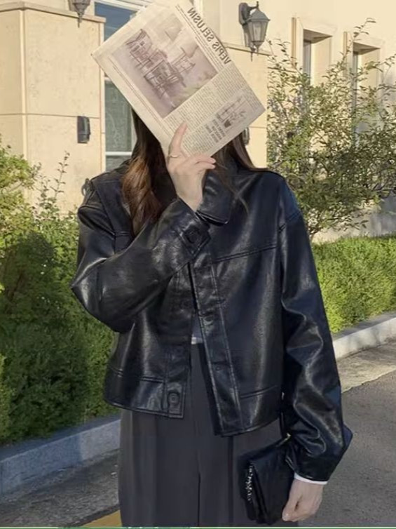 韩系帅气机车服皮衣翻领短外套女秋冬新款休闲宽松长袖皮夹克上衣|undefined
