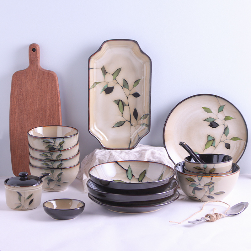 Kiln Glazed Ceramic Tableware Bamboo Leaf Hand-painted Underglaze Color Creative Plate Dishes Set Plate Rice Bowl Fish Plate Soup Bowl