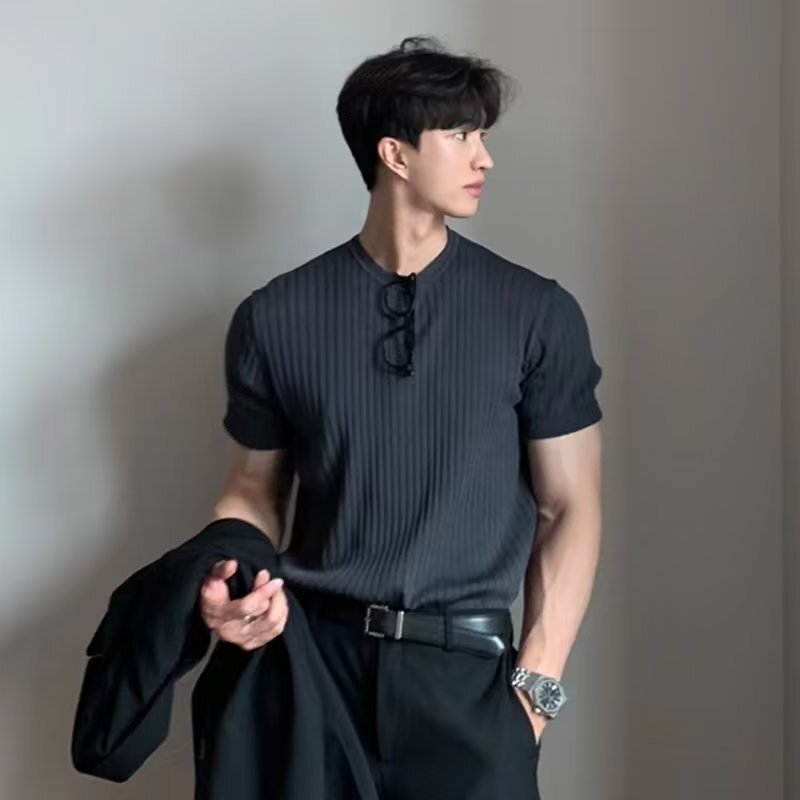 Light Mature Style Knitted Base Shirt for Men, Korean Version Slim Fit Ice Silk Striped Short-Sleeve T-Shirt with Drape Effect, Casual Retro Online Top